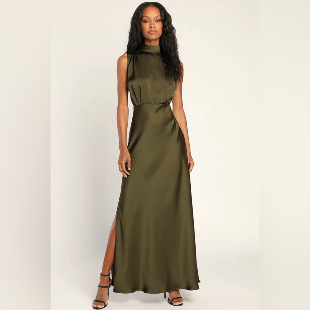 Lulus Classic Elegance Olive Satin Sleeveless Mock Neck Maxi Dress